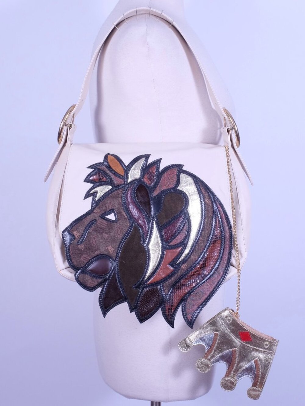 ETRO shoulder bag leather ivory lion head w/ gold wallet patchwork